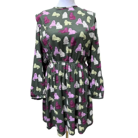 NWT Compania Fantastica Sheep Dog Print Green Smock Dress Size Small - Picture 4 of 11